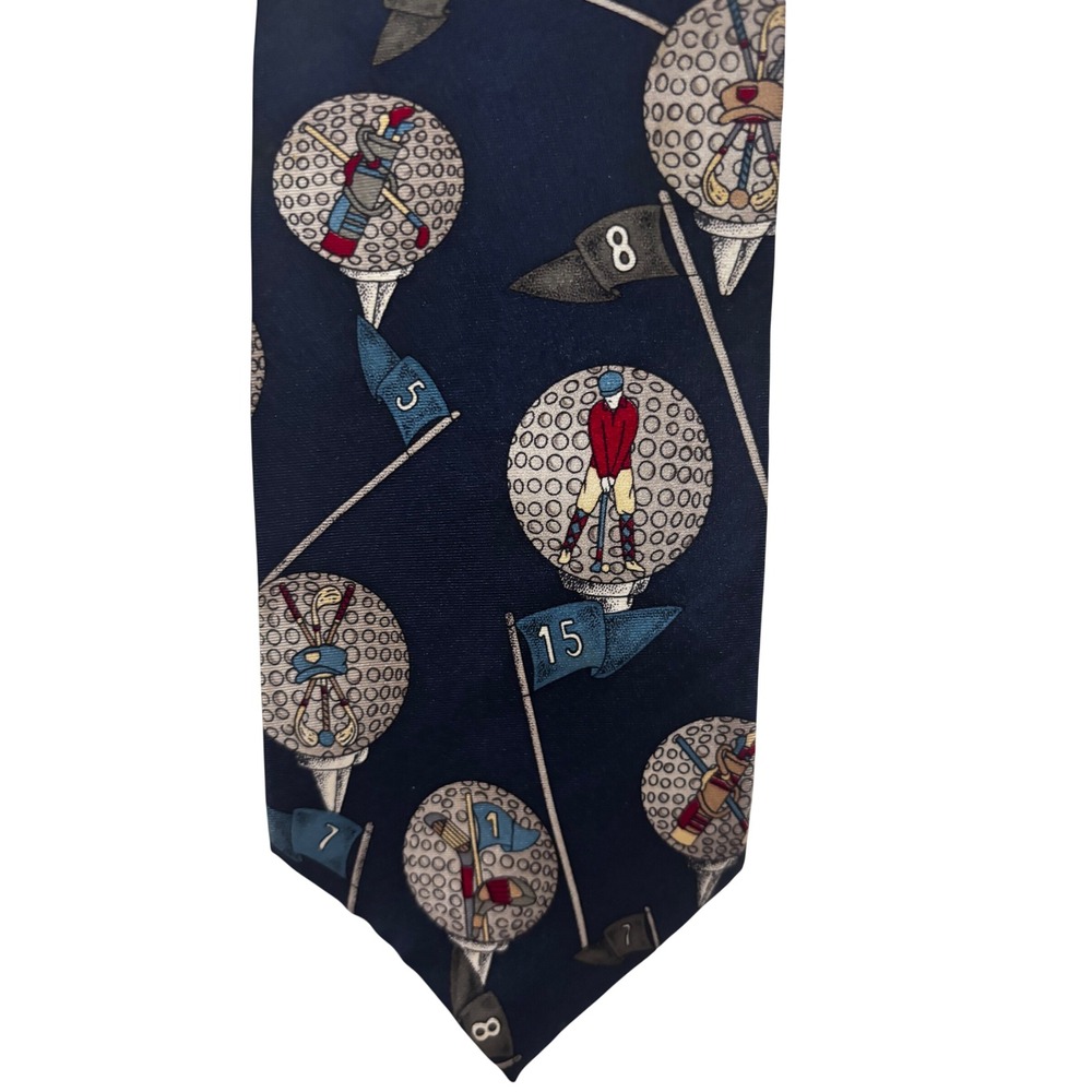 Vintage Allyn Saint George Mens Silk Tie Navy Blue Golf Print American Classic